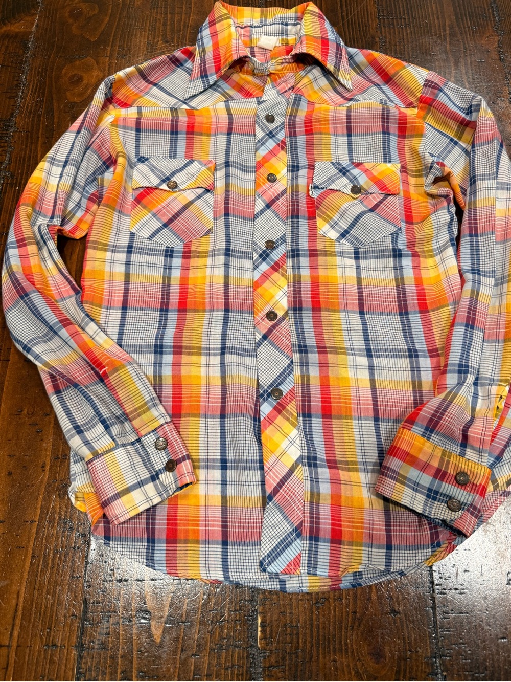Vintage retro 70’Levi's Multicolor Plaid Button-Down Shirt in Red, Yellow & Blue
